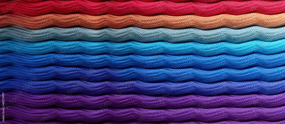 Poster Colorful striped knitted fabric with crochet texture Copy space image Place for adding text or design