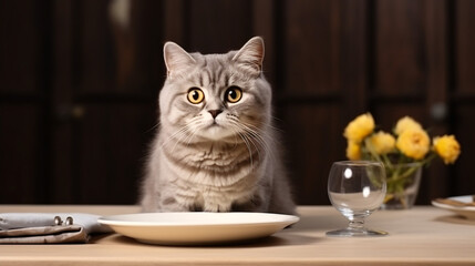 Beautiful british shorthair cat sitting at the table and looking at camera