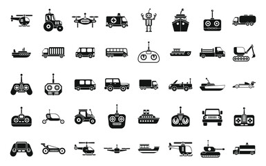 Radio control toys icons set simple vector. Rc toy model. Remote control play - obrazy, fototapety, plakaty