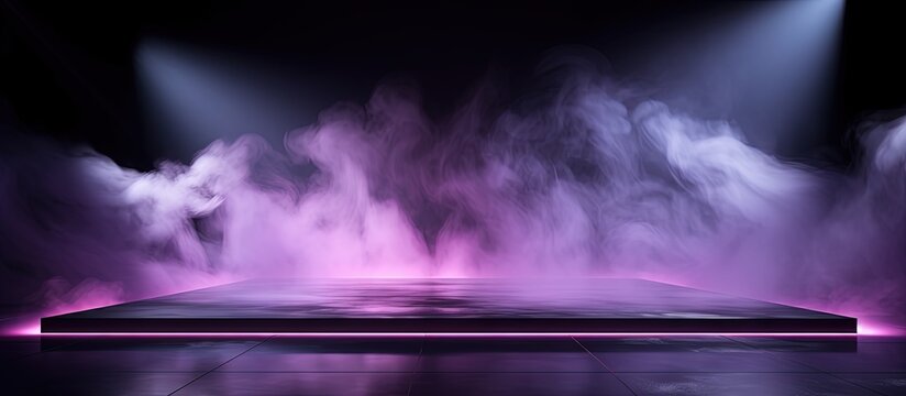 Dark stage with purple background empty scene neon light spotlights Asphalt floor and studio room display products with floating smoke for illustration Copy space image Place for adding text or