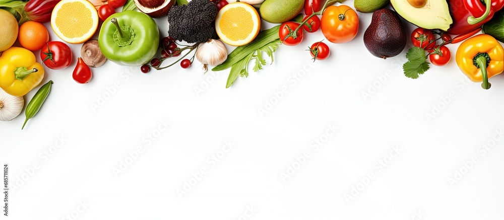 Poster Circle of vegetables and fruits on white background top view promoting healthy eating Copy space image Place for adding text or design