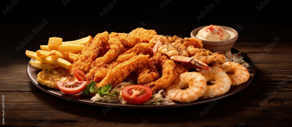 Poster Assorted fried seafood platter Copy space image Place for adding text or design
