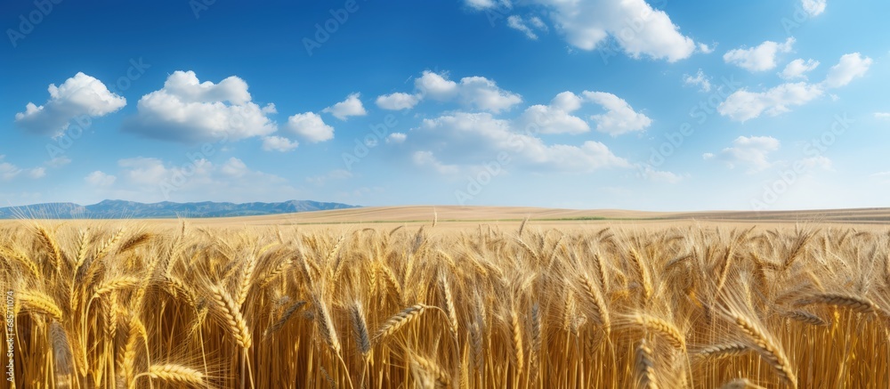 Poster agricultural wheat field scene on a farm copy space image place for adding text or design