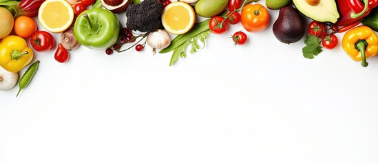Circle of vegetables and fruits on white background top view promoting healthy eating Copy space image Place for adding text or design
