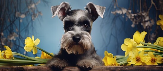 Adorable and well behaved Miniature Schnauzer photographed in a spring themed studio Copy space image Place for adding text or design - obrazy, fototapety, plakaty