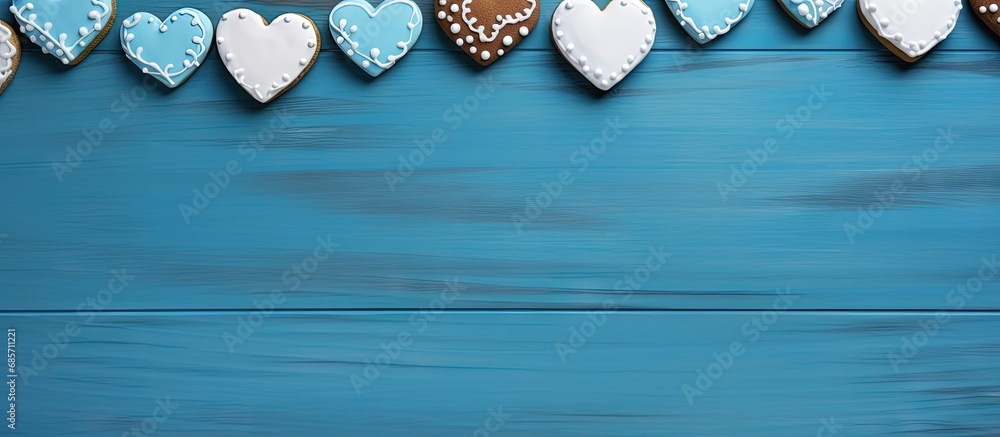 Leinwandbilder decorative heart shaped cookies on a blue wooden table for valentine s day copy space image place fo