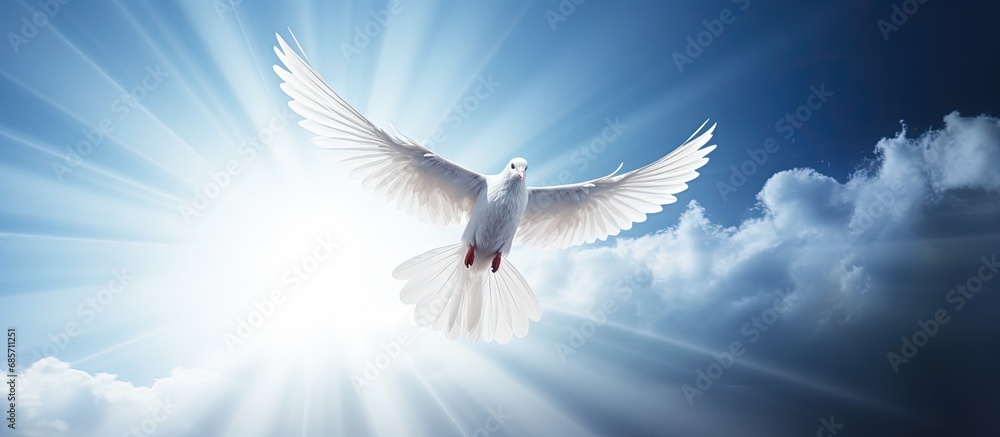 Aufkleber christian symbol of bright light shining from heaven is the holy spirit dove soaring in the blue sky