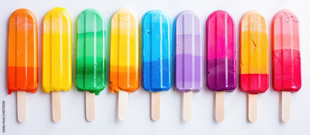 Aufkleber DIY concept Celebrating LGBTQ rights with a colorful rainbow on ice cream sticks in June Copy space image Place for adding text or design