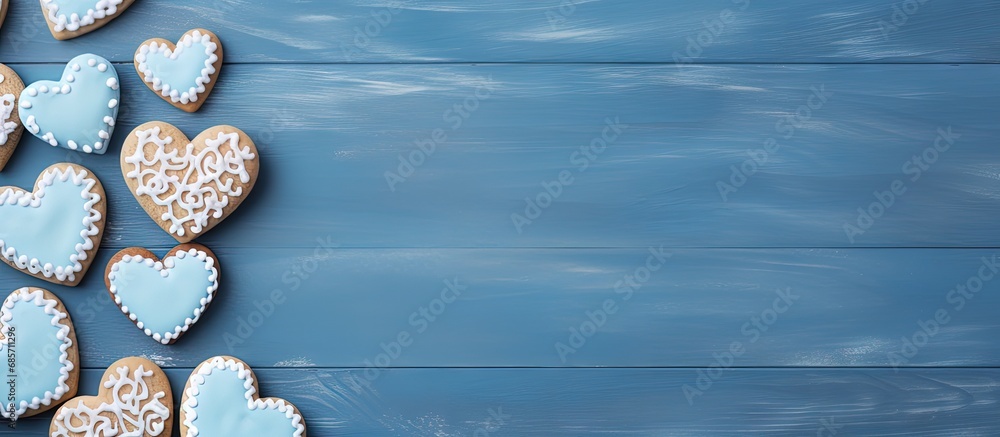 Aufkleber decorative heart shaped cookies on a blue wooden table for valentine s day copy space image place fo