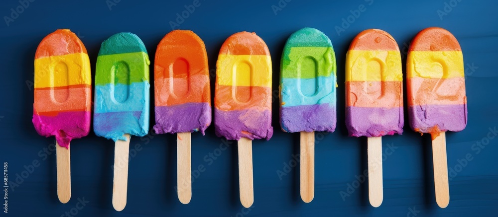 Poster DIY concept Celebrating LGBTQ rights with a colorful rainbow on ice cream sticks in June Copy space image Place for adding text or design