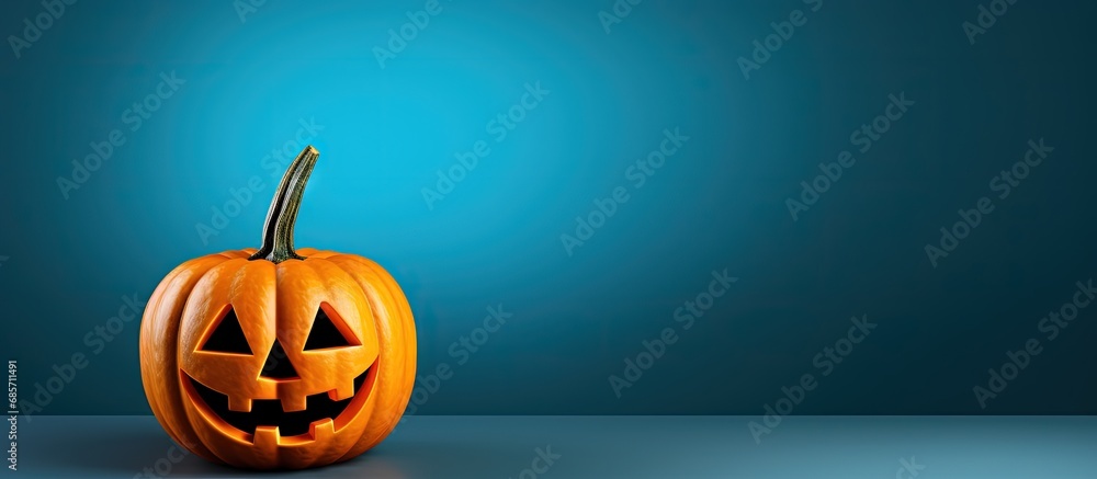 Poster blue background with a creative halloween concept and kids pumpkin craft copy space image place for 