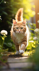 Naklejka na ściany i meble Cute ginger cat walking in the garden on sunny summer day.