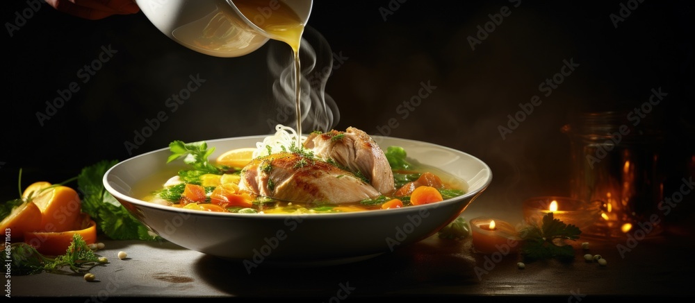 Poster Chef adds broth to chicken noodle soup with meat and veggies Copy space image Place for adding text or design