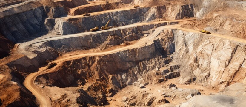 Aerial photo of limestone quarry in sunny India with mud roads and semicircular shadows Copy space image Place for adding text or design