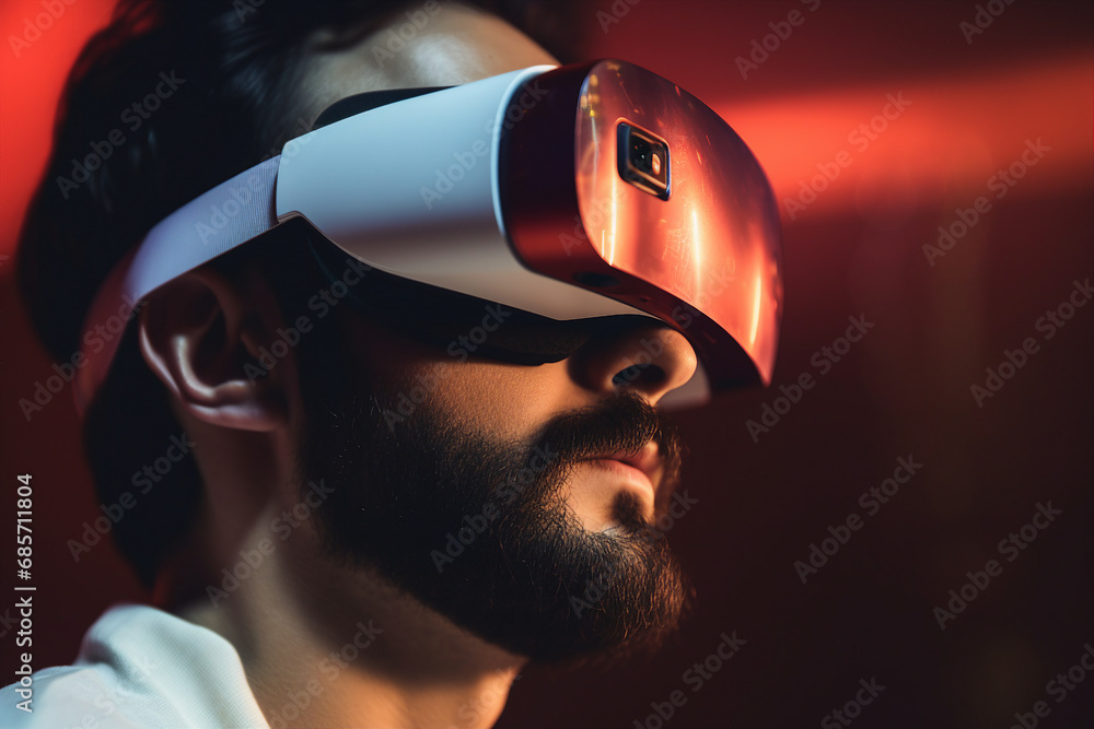 Aufkleber generative ai person using virtual reality goggles 3d augmented experience exited digital world head