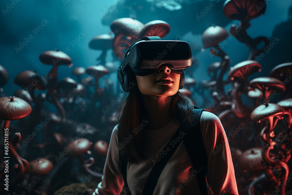 Aufkleber generative ai person using virtual reality goggles 3d augmented experience exited digital world head