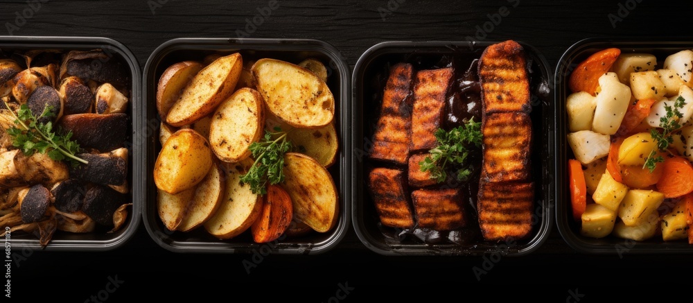 Poster Bird s eye view of nutritious coal cooked takeaway dishes Copy space image Place for adding text or design