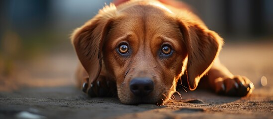 Depressed red dog lying down close up photo of muzzle and paws showing emotions in eyes Taking a walk Walk with dog s mood Copy space image Place for adding text or design - obrazy, fototapety, plakaty