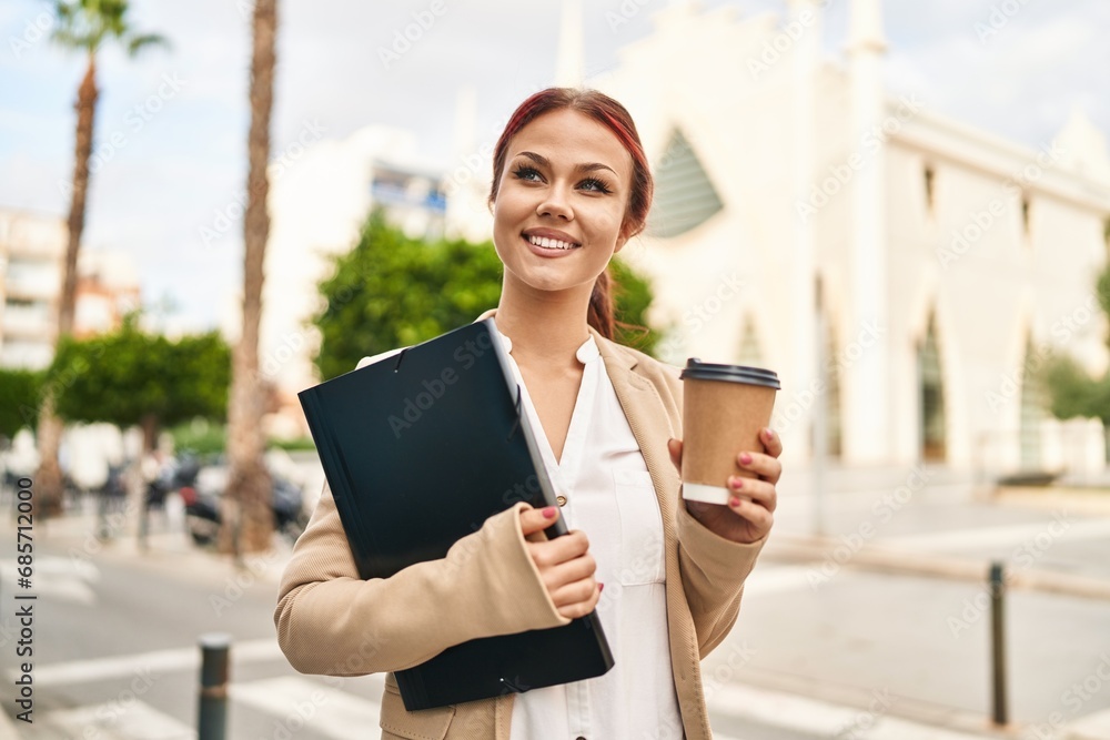 Sticker young caucasian woman business worker drinking coffee holding binder at street