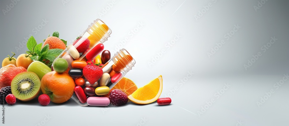 Aufkleber Concept of health nutrition and vitamin capsules with various fruits illustrated in 3D Copy space image Place for adding text or design