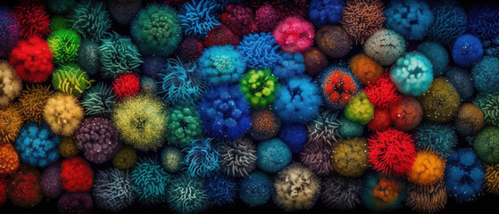 Fototapeta na wymiar A striking ultra macro photograph of a cluster of bacteria, shot from above to create an abstract pattern, captured in a vibrant style with a vivid color palette, made with Generative AI