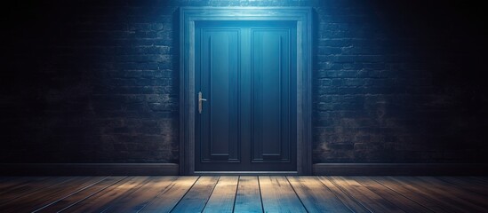 Creative background blue wooden door in a box transitioning to new climate climate change concept magical portal blank space Copy space image Place for adding text or design - obrazy, fototapety, plakaty