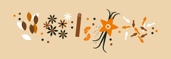 Spices collection. Abstract horizontal banner with spices. Cardamom, brown anise flower, cinnamon, vanilla, cloves, pepper. Spices for baking or making a drink. Cooking and mulled wine ingredients. - 685712098