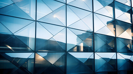 Artistic shot of a modern building's glass facade creating reflections and geometric patterns.