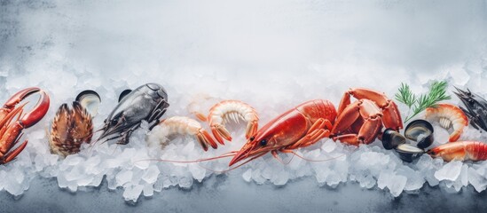 Assorted fresh seafood including lobster salmon and various shellfish displayed on ice in a seafood market Copy space image Place for adding text or design