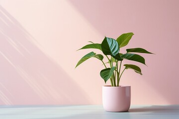 Product photography, a small sized philodendron pink princess houseplant, central big empty space, natural sunlighting