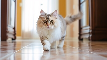beautiful long hair siberian cat on the floor at home