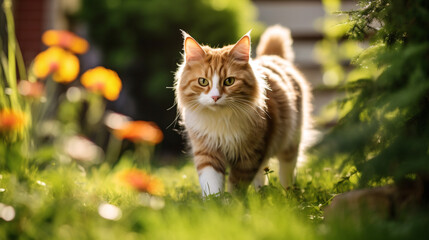 Naklejka na ściany i meble Cute ginger cat walking in the garden on a sunny summer day