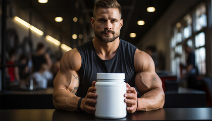 Muscular man in the gym with sport fitness supplements. Nutritional medicine. Athletic young man using bodybuilding dietary supplements. Sports nutrition - obrazy, fototapety, plakaty