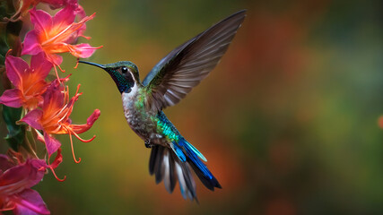 Fototapeta premium Hummingbird in the rain, drinking colorful wildflowers in a natural environment. AI generation