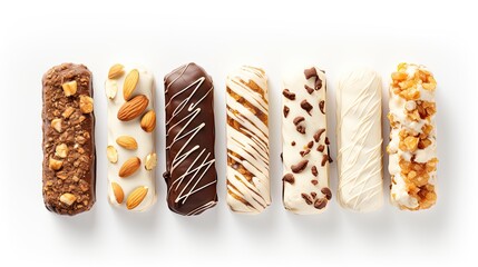 Assorted Chocolate and Almond Protein Bars on White Background - Healthy Snack Options