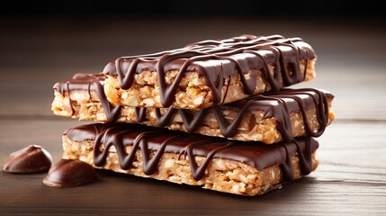 Mouthwatering Chocolate Protein Bars Piled on Rustic Wooden Table Close-Up