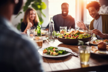 A multicultural family enjoying lunch together at home, sharing moments of laughter and jokes.
