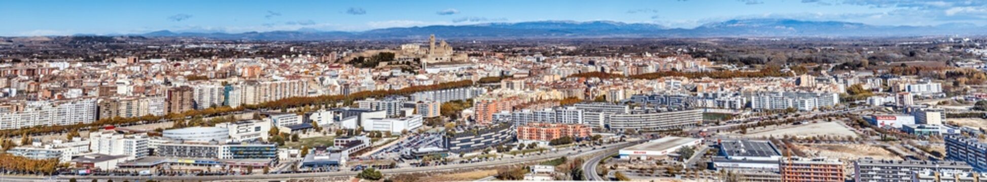 Drone panorama over the historic city of Lleida in Spain in sunshine