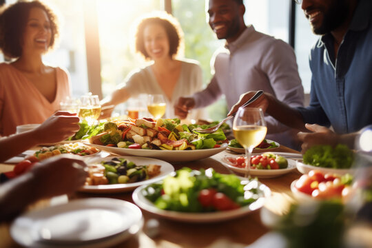 A happy multiracial group of middle-aged friends having fun during a meal together at home, sharing moments of enjoyment.