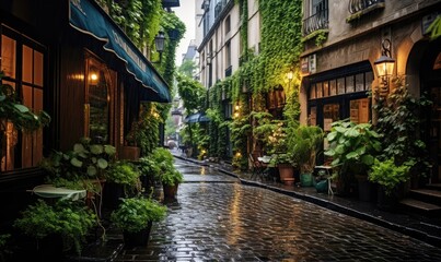Fototapeta na wymiar A cobblestone street lined with potted plants