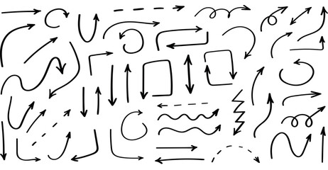 Set of black grunge hand drawn arrows isolated on white. Vector illustration
