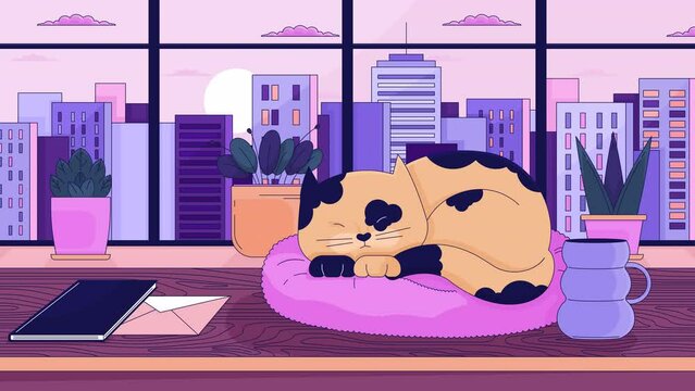 Cityscape sunset cozy desk with sleeping cat lo fi animated cartoon background. Workplace table kitten sleepy 90s retro lofi aesthetic live wallpaper animation. Hygge chill 4K video motion graphic