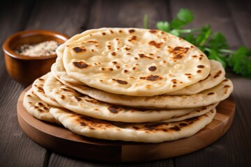 Baked Flatbreads on White Background. Traditional Oriental Pita Bread Isolated on Wooden Table