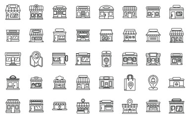 Local shop icons set outline vector. Store city street. Shop cafe - obrazy, fototapety, plakaty
