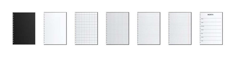Set of vector illustrations of notebooks on a spring with sheets of paper. A blank sheet of notebook paper in a ruler, a cell, with red margins and without - Eps 10 - obrazy, fototapety, plakaty