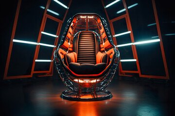 A sleek chair in cyberpunk style, illuminated by neon orange lights, adding a touch of urban luminescence to modern interior design.