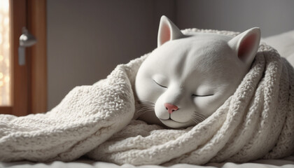 A pink nosed cat doll in a deep sleep covered in a cozy white blanket.