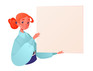 Girl with Banner. Advertising concept, place for announcement, background for presentation. Smiling friendly character presents something on a blank sheet of paper. Layout of a blank banner.