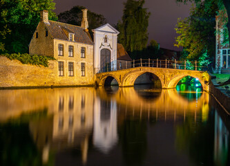 Lake of Love and Beguinage (Begijnhof) at night, Brugge, Belgium