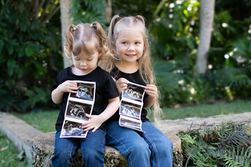 Pregnancy announcement by siblings. Social media pregnancy announcement. Big sister. The third child in a family. Two kids holding a sonogram of a new baby  - obrazy, fototapety, plakaty